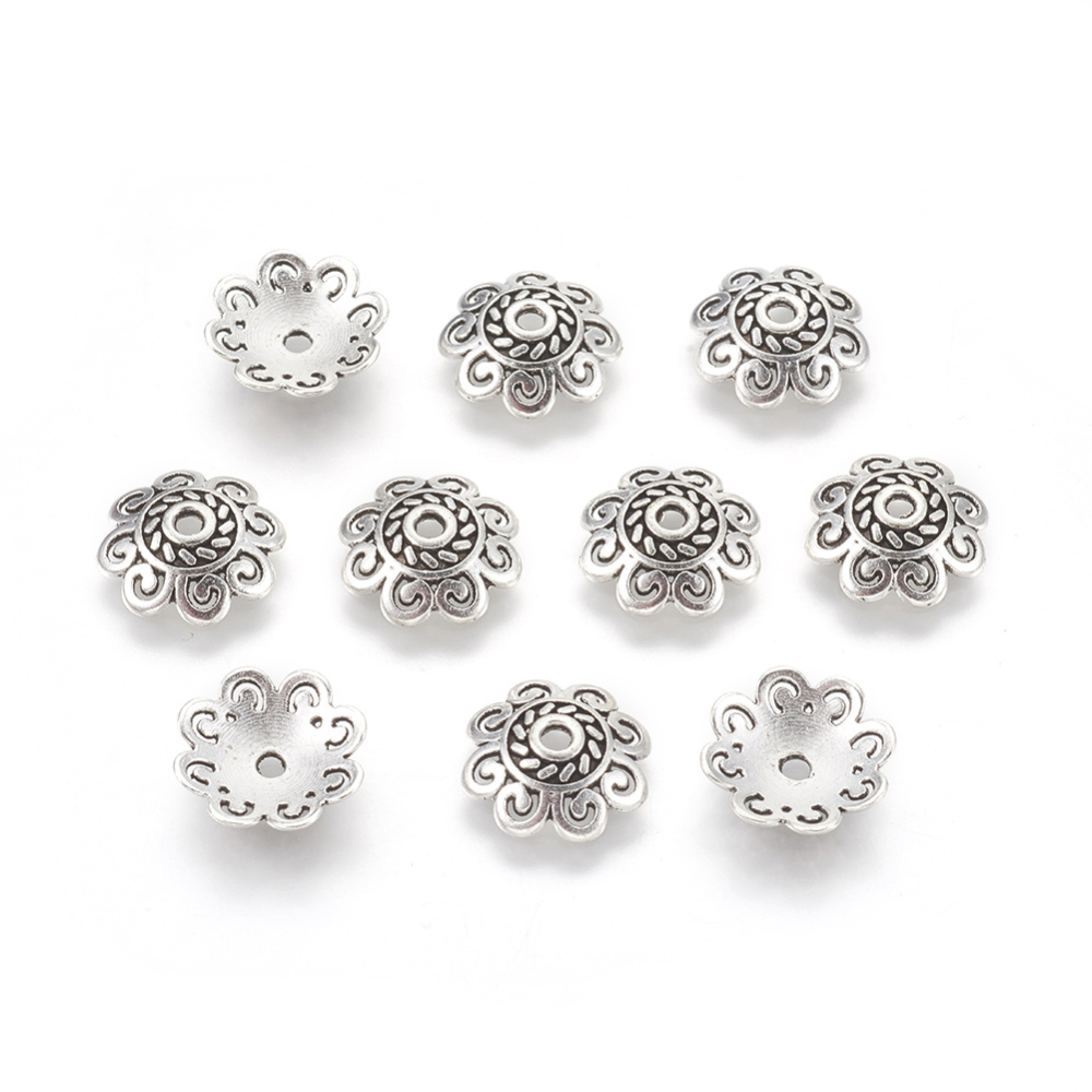 PandaHall Tibetan Style Bead Caps, Lead Free & Nickel Free, Flower, Antique Silver, 12x12x4mm, Hole: 1.5mm Alloy