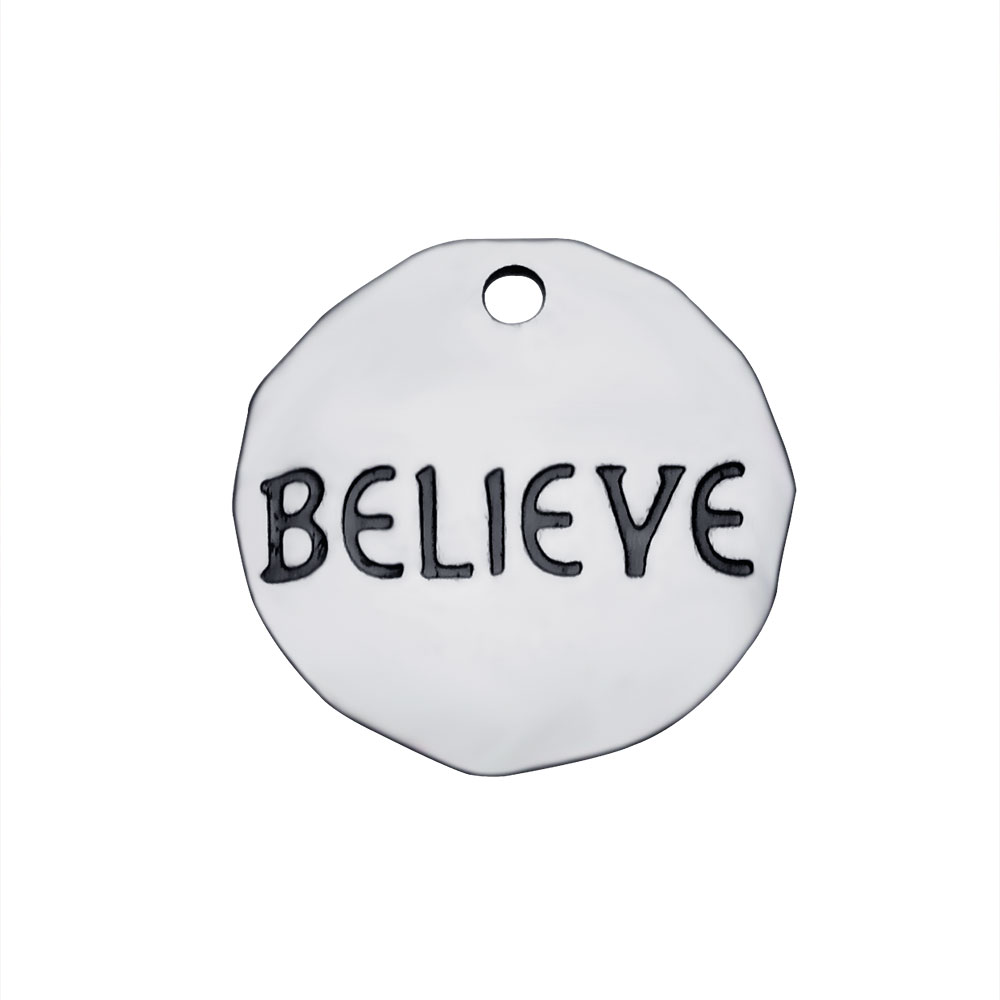 PandaHall 304 Stainless Steel Pendants, Flat Round with Word Believe, Stainless Steel Color, 16x1mm, Hole: 1.5mm Stainless Steel Flat Round