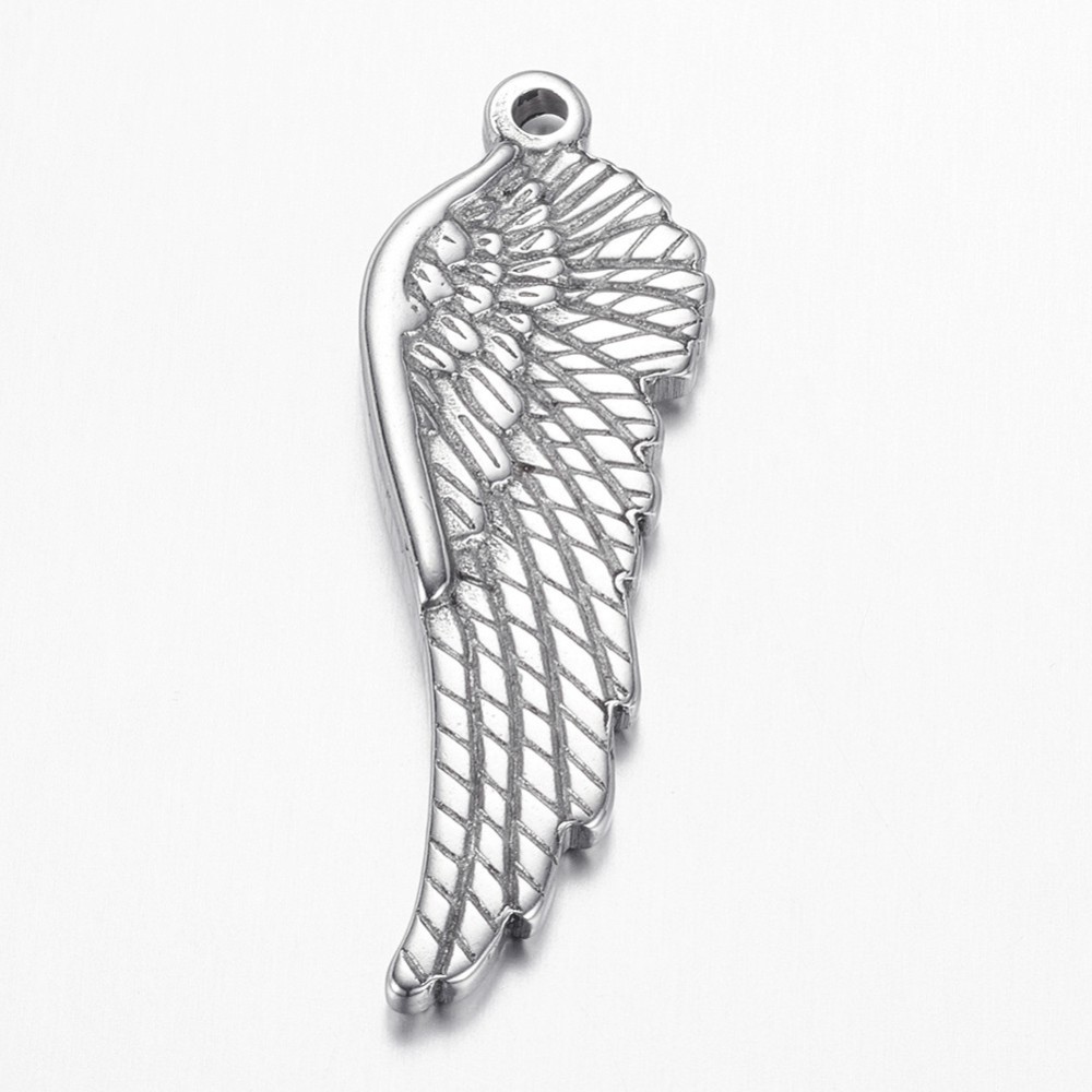 PandaHall 304 Stainless Steel Pendants, Wing, Stainless Steel Color, 38.5x13x3mm, Hole: 1.8mm Stainless Steel Wing