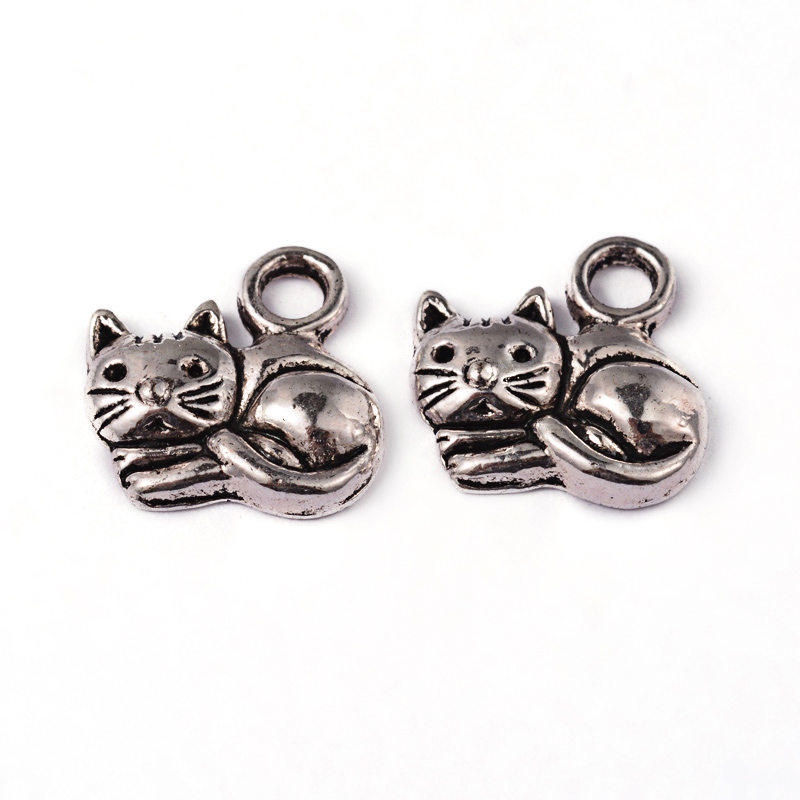 PandaHall Tibetan Style Alloy Charms, Cat, Cadmium Free & Nickel Free & Lead Free, Antique Silver, 14x13x3mm, Hole: 2mm Alloy Cat