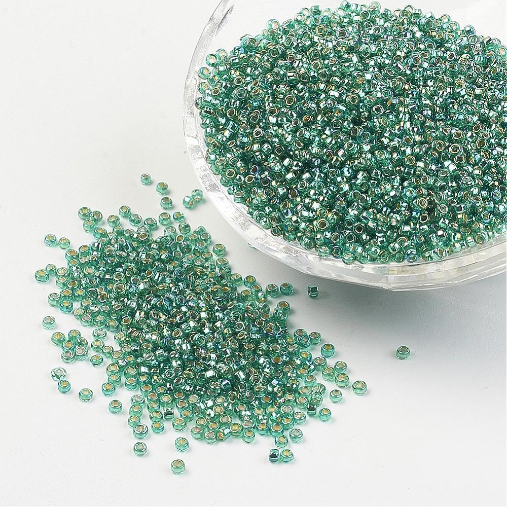 PandaHall FGB&reg Seed Beads, 12/0 Transparent Rainbow Silver Lined Round Glass Seed Beads, Grade A, Aquamarine, 2x1.5mm, Hole: 0.5mm; about...