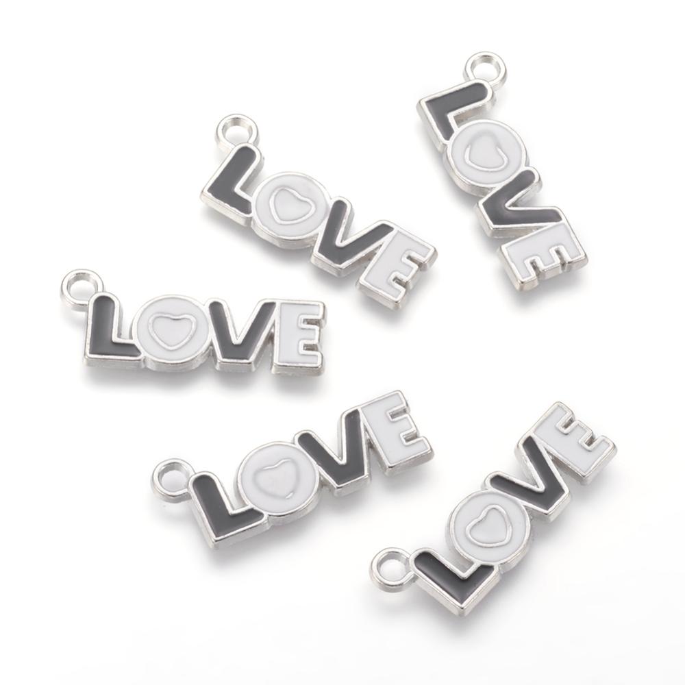 PandaHall White and Black Alloy Enamel Pendants, Word Love, Platinum Color, Lead Free and Cadmium Free, 32x11x2mm, Hole: 3mm Alloy+Enamel...