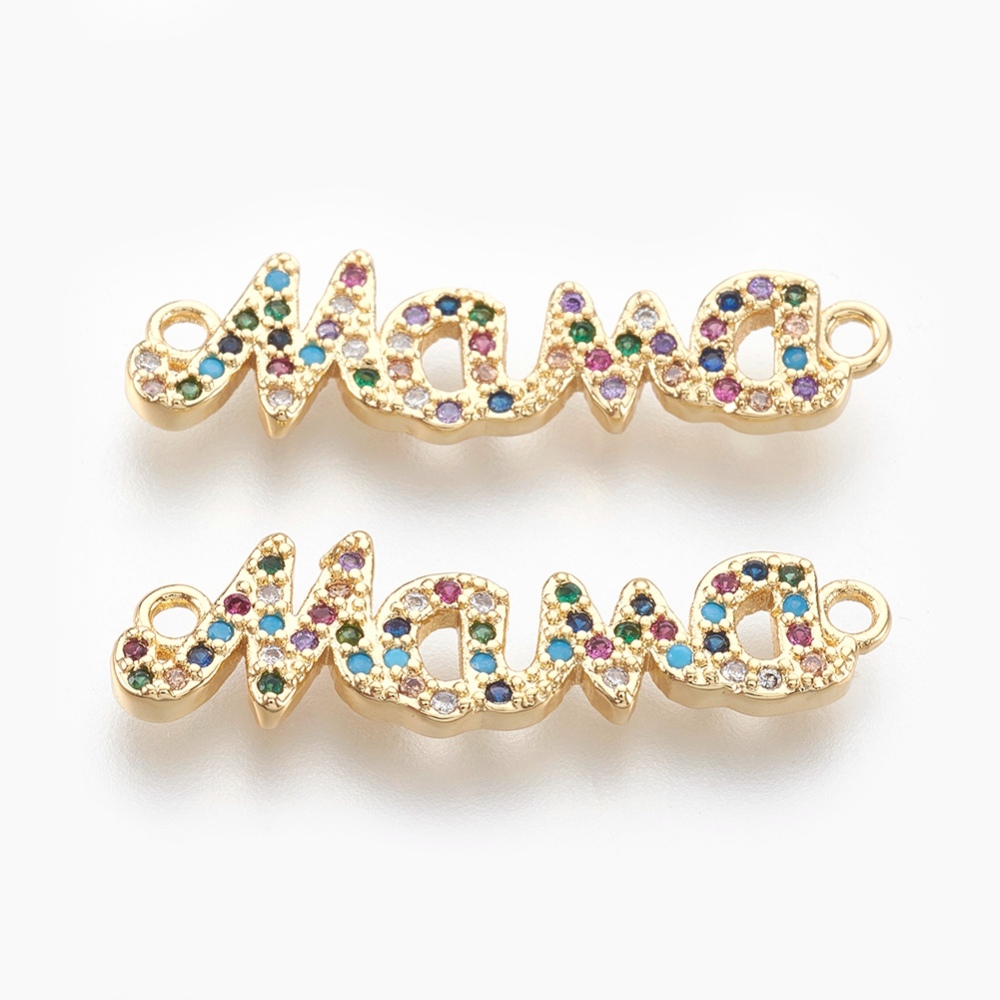 PandaHall Brass Micro Pave Cubic Zirconia Links, Word Mama, Colorful, Golden, 8.5x30x2mm, Hole: 1.6mm Brass+Cubic Zirconia Word
