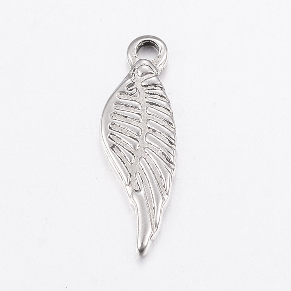 PandaHall 304 Stainless Steel Pendants, Wing, Stainless Steel Color, 19x6x1.5mm, Hole: 1.5mm Stainless Steel Wing