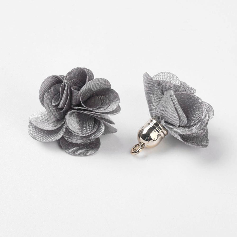 PandaHall Cloth Pendant Decorations, with Acrylic Findings, Flower, Gray, 25~30x28~35mm, Hole: 2mm Cloth Flower Gray