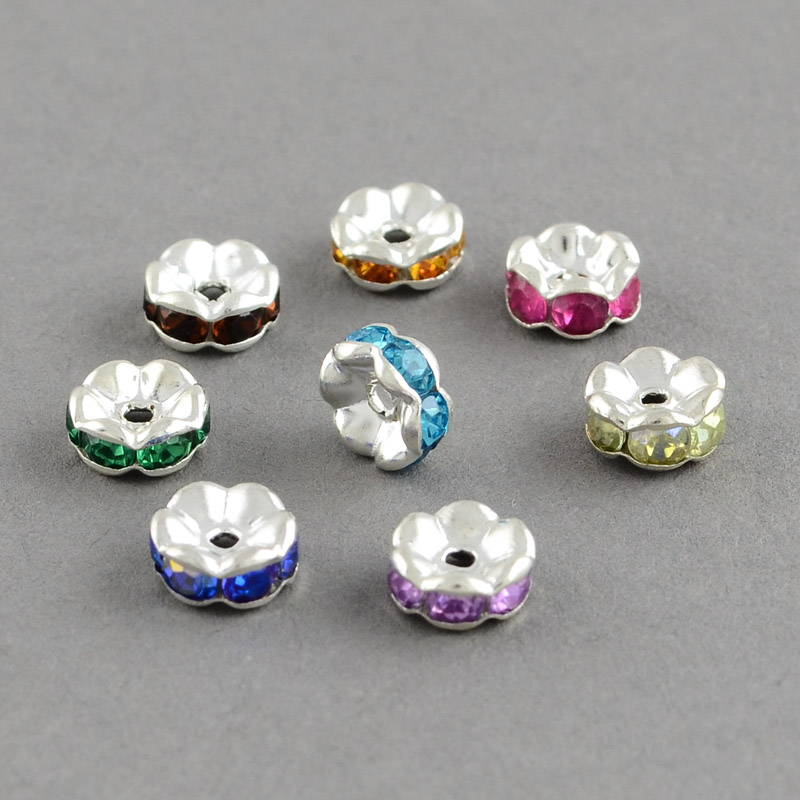PandaHall Brass Grade A Rhinestone Bead Spacers, Mixed Color, 8x3.5mm, Hole: 1.5mm Brass+Rhinestone Flat Round