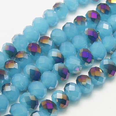 PandaHall Electroplate Glass Faceted Rondelle Beads Strands, Imitation Jade, Half Plated, SkyBlue, 8x5mm, Hole: 1mm; about 72pcs/strand...