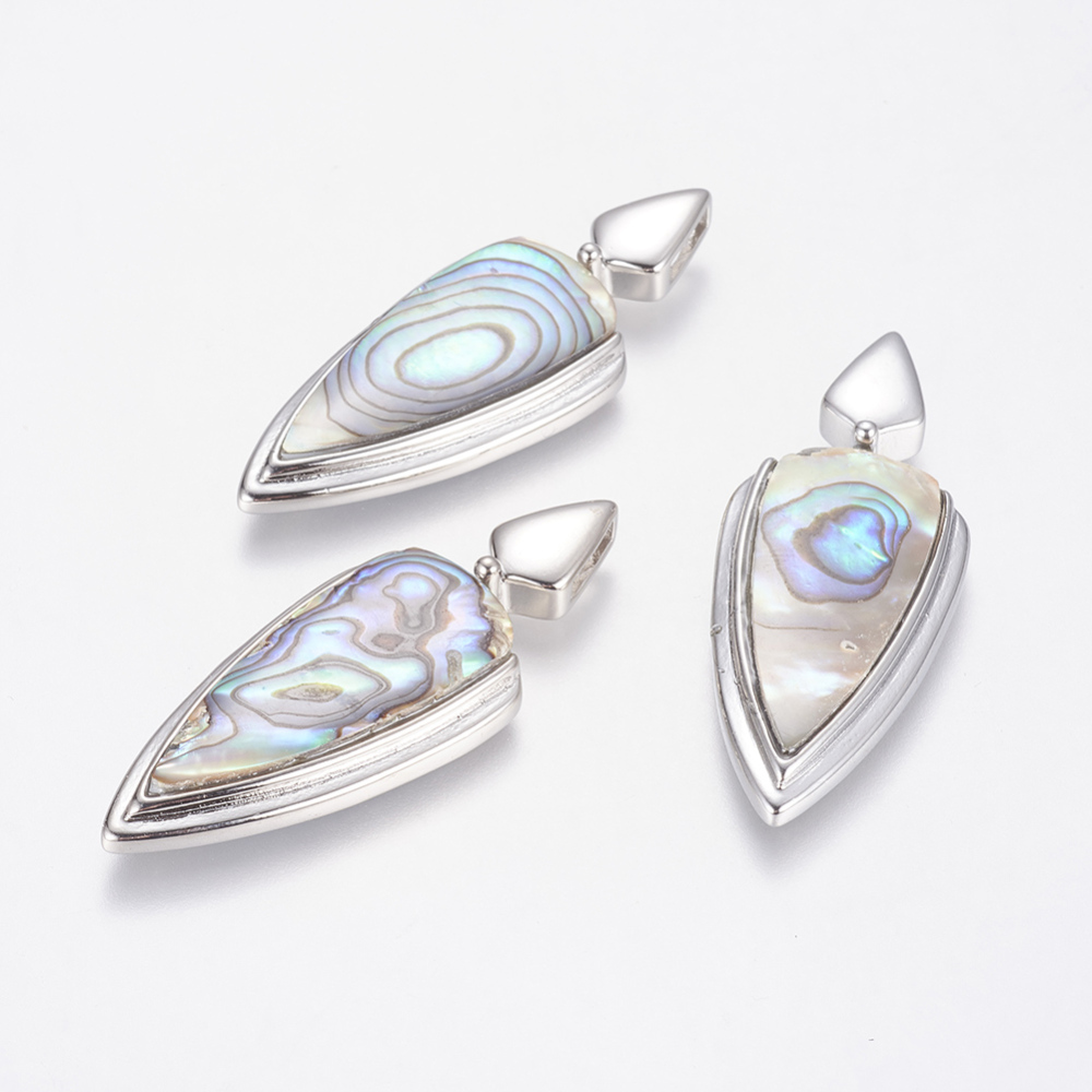 PandaHall Natural Abalone/Paua Shell Pendants, with Brass Findings, Arrow Shape, Platinum, 49x18.5x5mm, Hole: 2x7mm Paua Shell Others