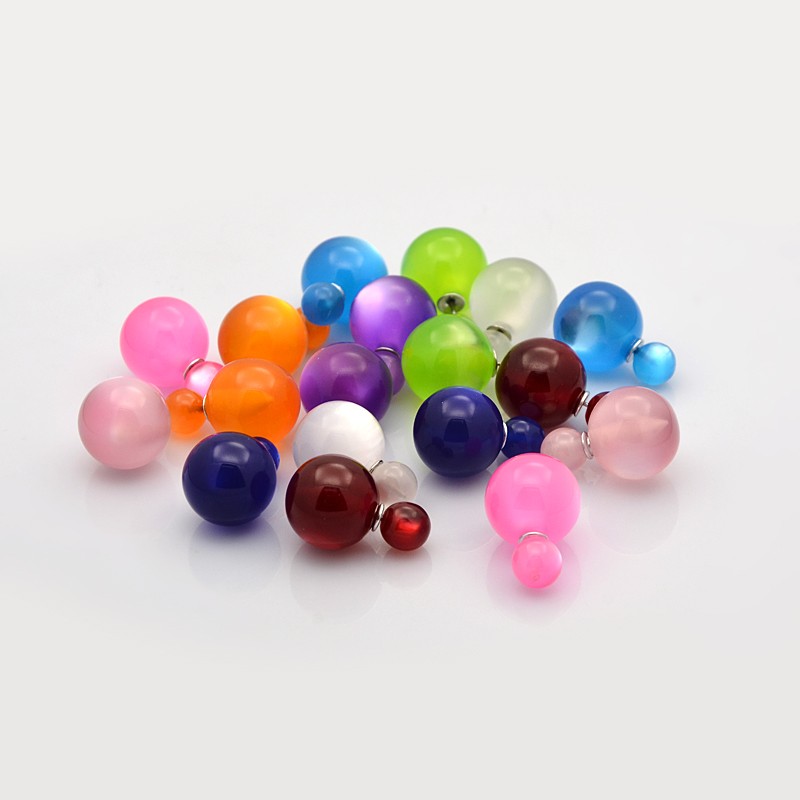 PandaHall Acrylic Imitate Cat Eye Double Faced Ball Ear Stud Earrings, with Iron Finding, Mixed Color, Ball : 8mm &16mm; Pin: 0.5mm Acrylic...