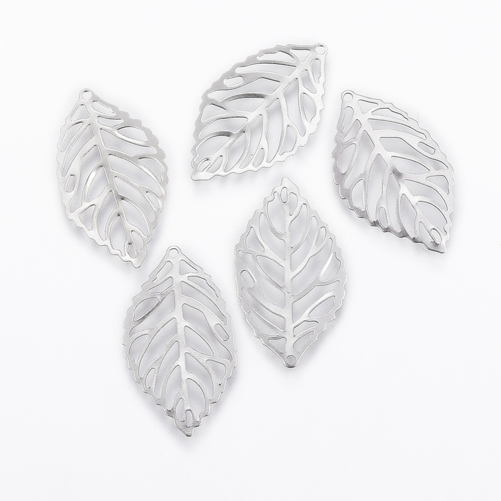 PandaHall 304 Stainless Steel Pendants, Leaf, Filigree, Stainless Steel Color, 23.5x13.5x0.2mm, Hole: 1mm Stainless Steel Leaf