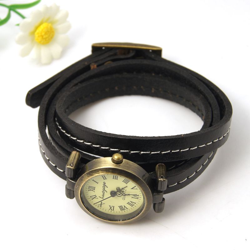 PandaHall Fashion Triple Wrap Leather Watch Bracelets, with Alloy Watch Components, Antique Bronze, Black, 620~630x8x3mm Leather Black