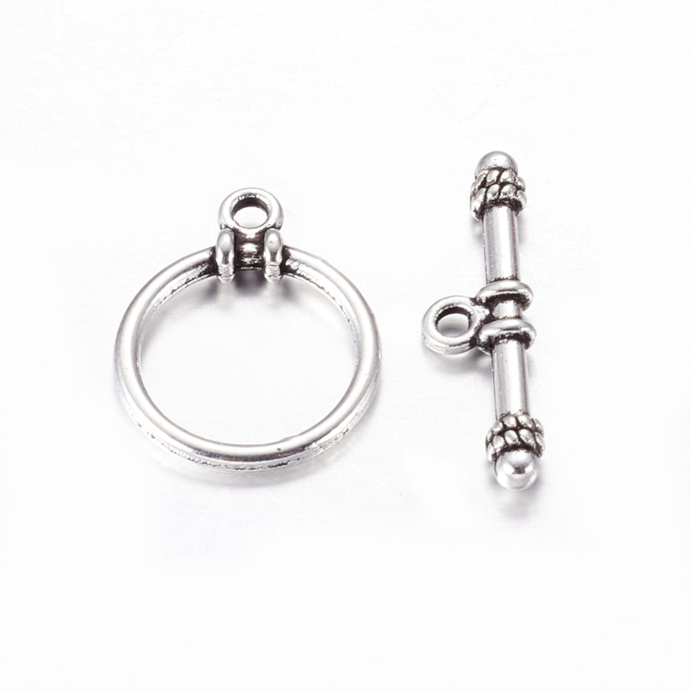 PandaHall Tibetan Silver Toggle Clasps, Lead Free and Cadmium Free, Round, Antique Silver, Round: about 13mm wide, 16mm long, Bar: about...