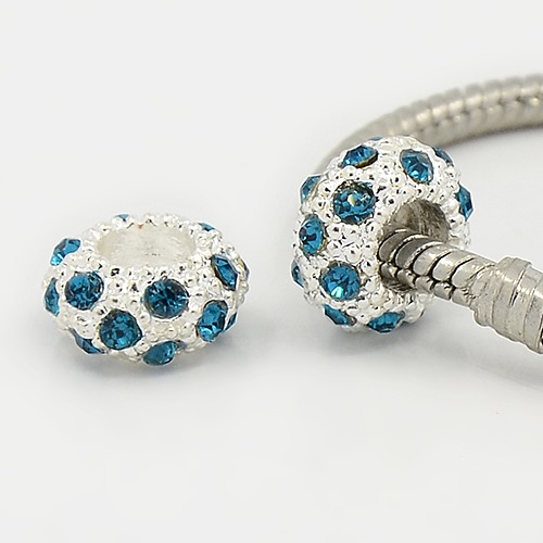 PandaHall Alloy Rhinestone European Beads, Large Hole Beads, Rondelle, Silver Metal Color, Blue Zircon, 11x6mm, Hole: 5mm Alloy+Rhinestone...