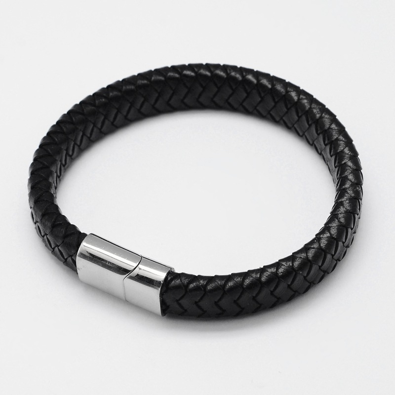 PandaHall Braided Leather Cord Bracelets, with 304 Stainless Steel Magnetic Clasps, Black, 206x12x6mm Leather Black