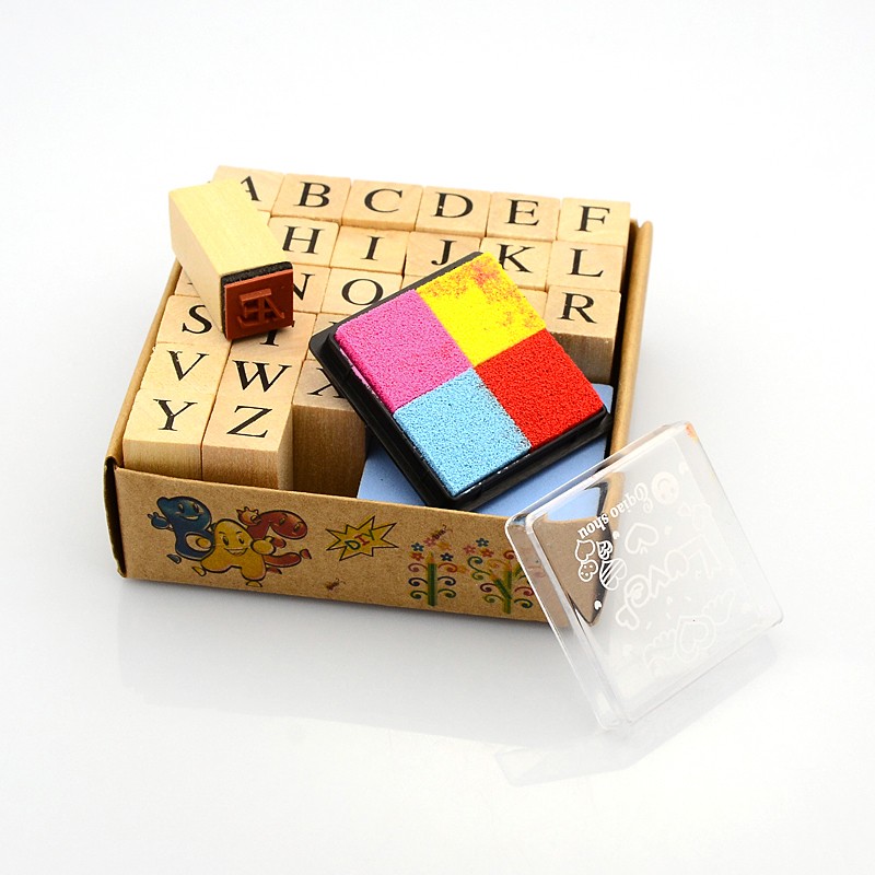 PandaHall Alphabet Wooden Stamp Sets, with Colorful Inkpad, Tan, 30x13x13mm, About 26pcs/box Wood Orange