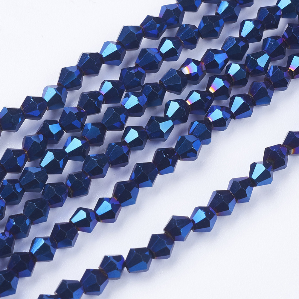PandaHall Electroplate Glass Beads Strands, Full Plated, Faceted, Bicone, Blue, 3x3mm, Hole: 1mm; about 150pcs/strand, 13.8" Bicone Blue