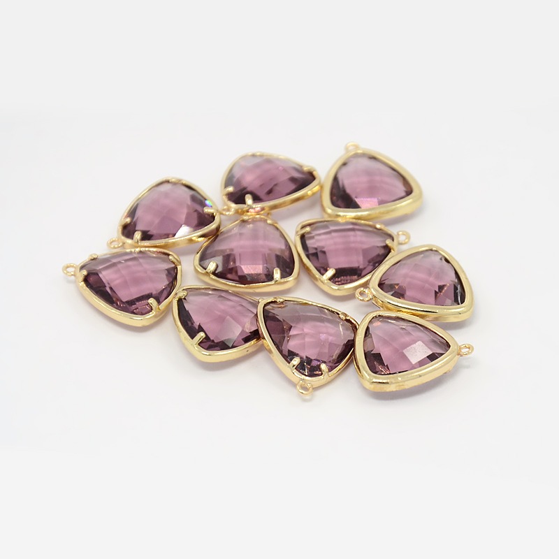 PandaHall Real Gold Plated Brass Glass Pendants, Faceted Triangle Charms, Plum, 16x15x5mm, Hole: 1mm Brass+Glass Triangle Purple