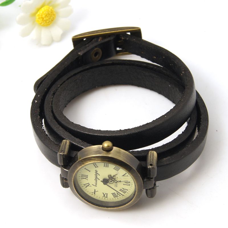 PandaHall Fashion Triple Wrap Leather Watch Bracelets, with Alloy Watch Components, Antique Bronze, Black, 610~620x9x6mm Leather Black