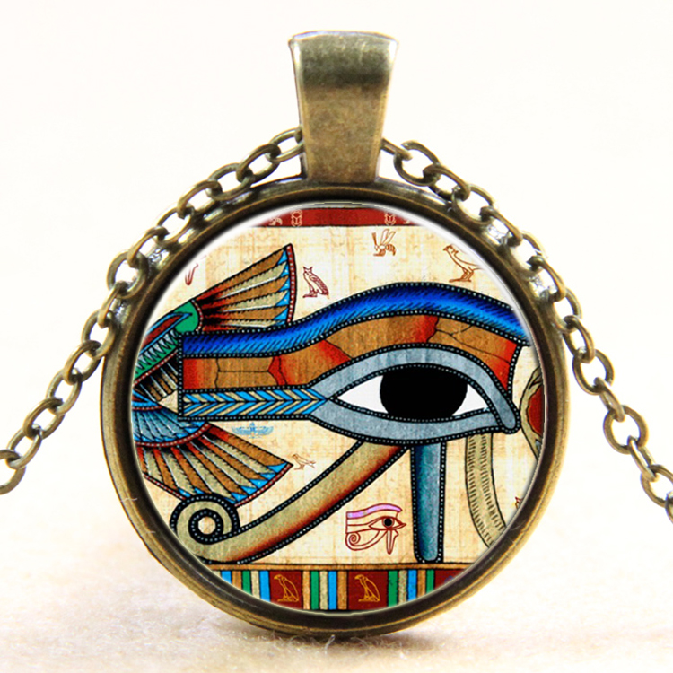 PandaHall Egyptian Eye of Horus Pattern Flat Round Glass Pendant Necklaces, with Alloy Chains, Antique Bronze, 18" Alloy