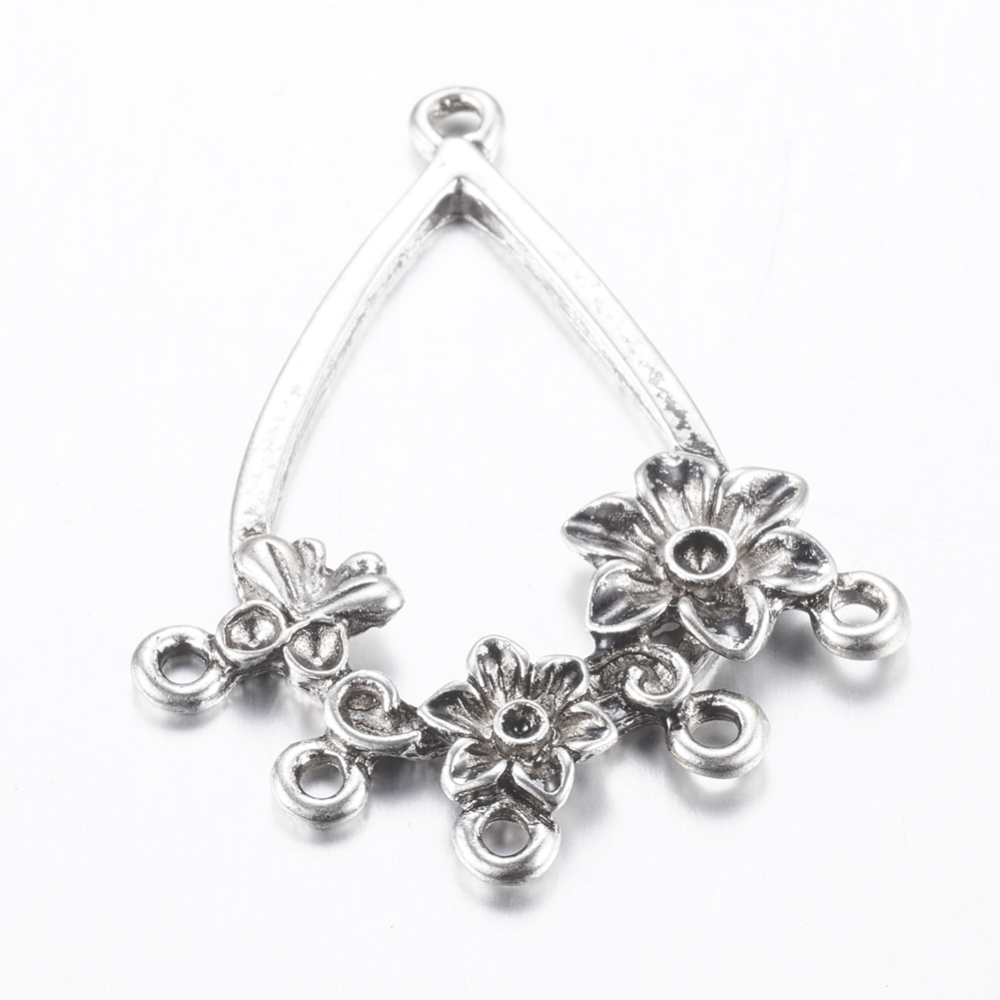 PandaHall Alloy Cabochon Connector Settings, Lead Free and Cadmium Free, Teardrop, accented with Flower, Antique Silver, about 44mm long...
