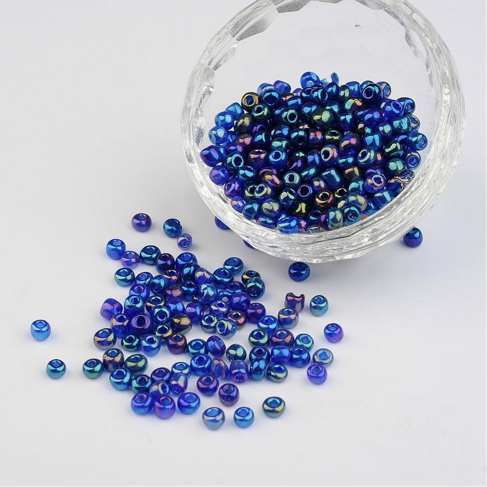 PandaHall 6/0 Transparent Rainbow Colours Round Glass Seed Beads, Blue, Size: about 4mm in diameter, hole:1.5mm, about 495pcs/50g Glass Blue