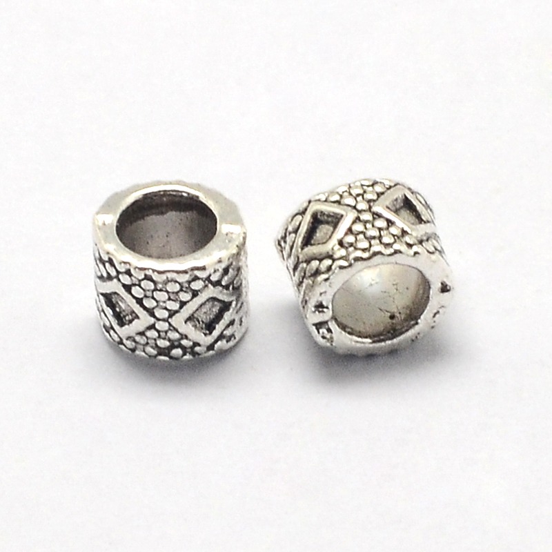 PandaHall Tibetan Style Alloy European Beads, Large Hole Column Carved Rhombus Beads, Antique Silver, 6x7mm, Hole: 4mm Alloy Column