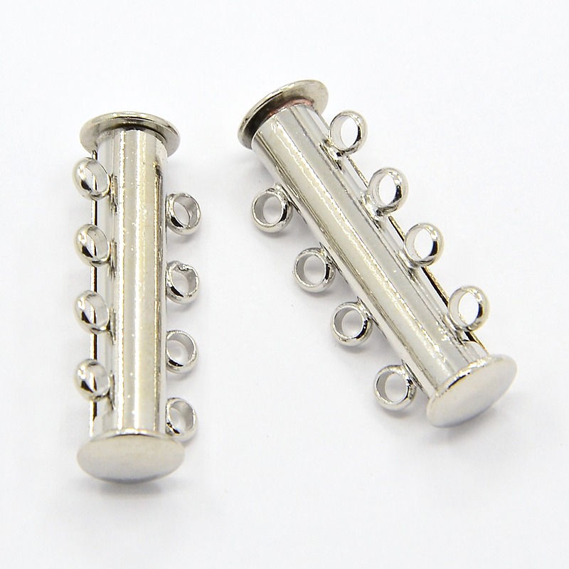 PandaHall 4-Strands Brass Magnetic Slide Lock Clasps, 8-Holes, Platinum, 25x10mm Brass