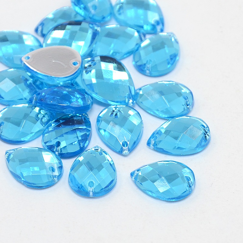 PandaHall Sew on Rhinestone, Taiwan Acrylic Rhinestone, Two Holes, Garments Accessories, Faceted, Drop, SkyBlue, about 10mm wide, 14mm long...