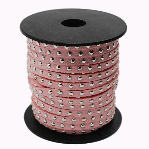 PandaHall Silver Aluminum Studded Korea Faux Suede Cord, Faux Suede Lace, Pink, 5x2mm; about 20yards/roll Suede Pink