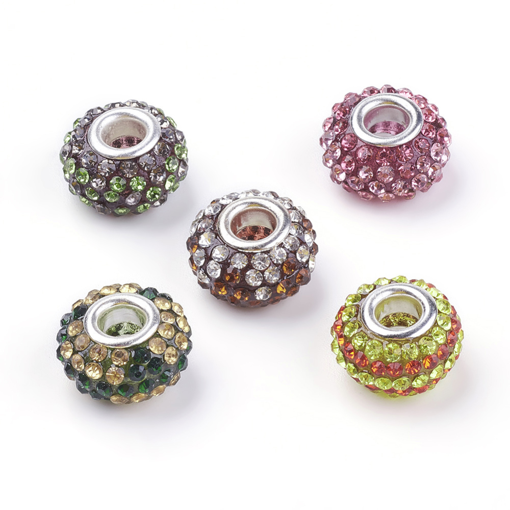 PandaHall Mixed Rondelle Grade A Resin Rhinestone European Beads, with Brass Double Cores, Silver Metal Color, 15x9mm, Hole: 5mm...