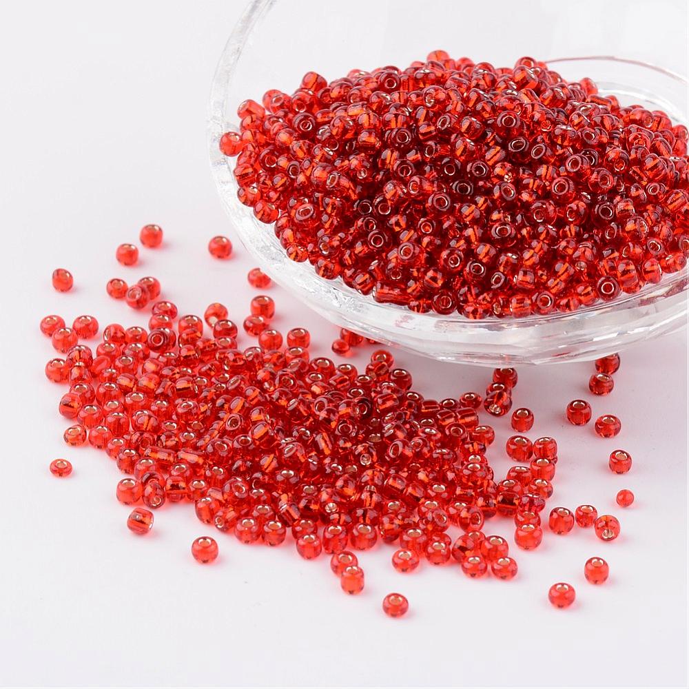 PandaHall 8/0 Glass Seed Beads, Silver Lined Round Hole, Round, Red, 3mm, Hole: 1mm; about 1097pcs/50g Glass Red
