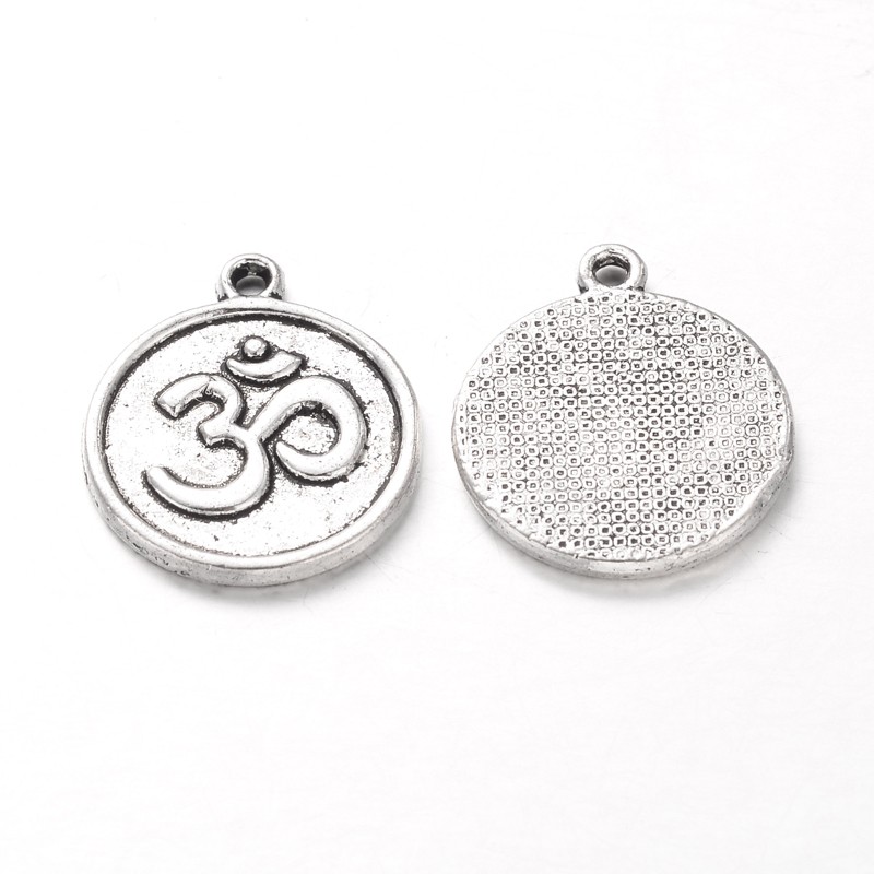 PandaHall Tibetan Style Pendants, Ohm/Aum, Lead Free, Flat Round, Antique Silver, 21x18x2mm, Hole: 2mm Alloy Flat Round