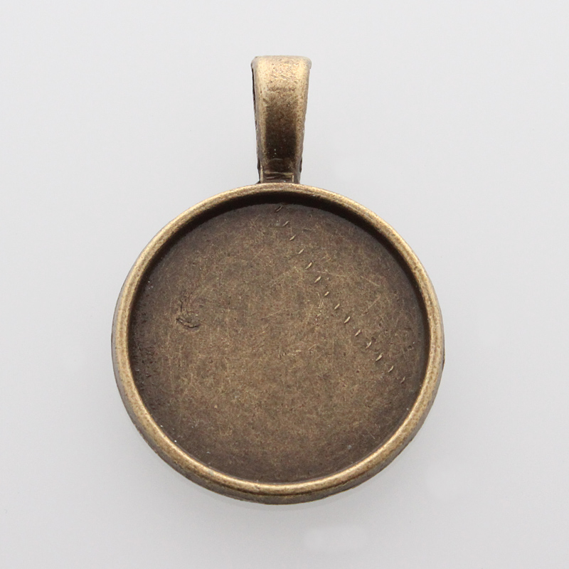 PandaHall Flat Round Alloy Pendant Cabochon Settings, Nickel Free, Antique Bronze, Tray: 20mm; 32x23x2mm, Hole: about 4x7mm; about 340pcs/kg...