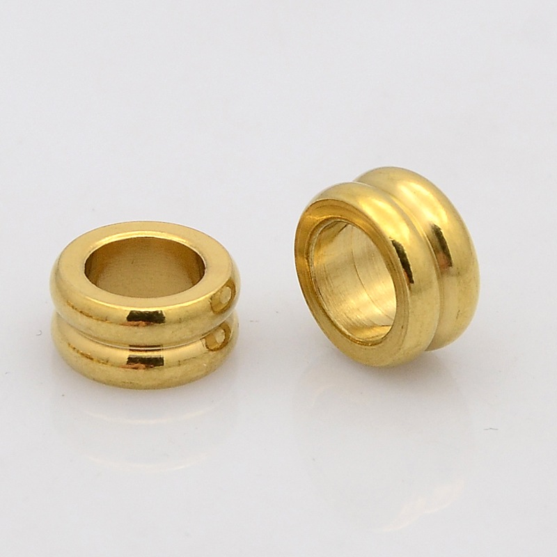 PandaHall Column 304 Stainless Steel Beads, Large Hole Grooved Beads, Golden, 10x5mm, Hole: 6mm Stainless Steel Column