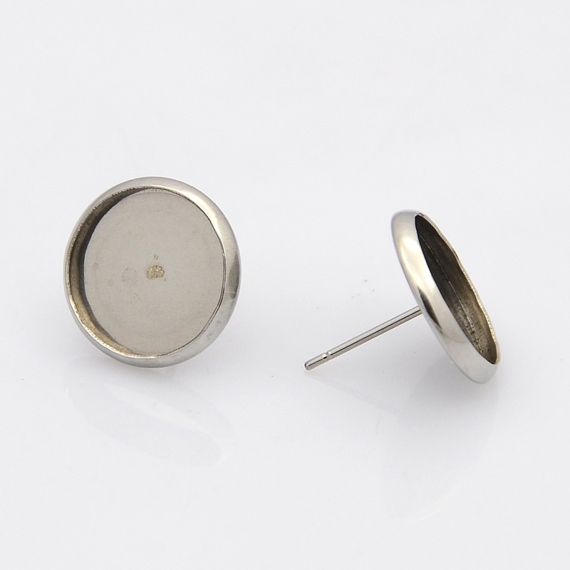 PandaHall 304 Stainless Steel Flat Round Stud Earring Settings, Stainless Steel Color, Tray: 12mm; 14mm, Pin: 1mm Stainless Steel