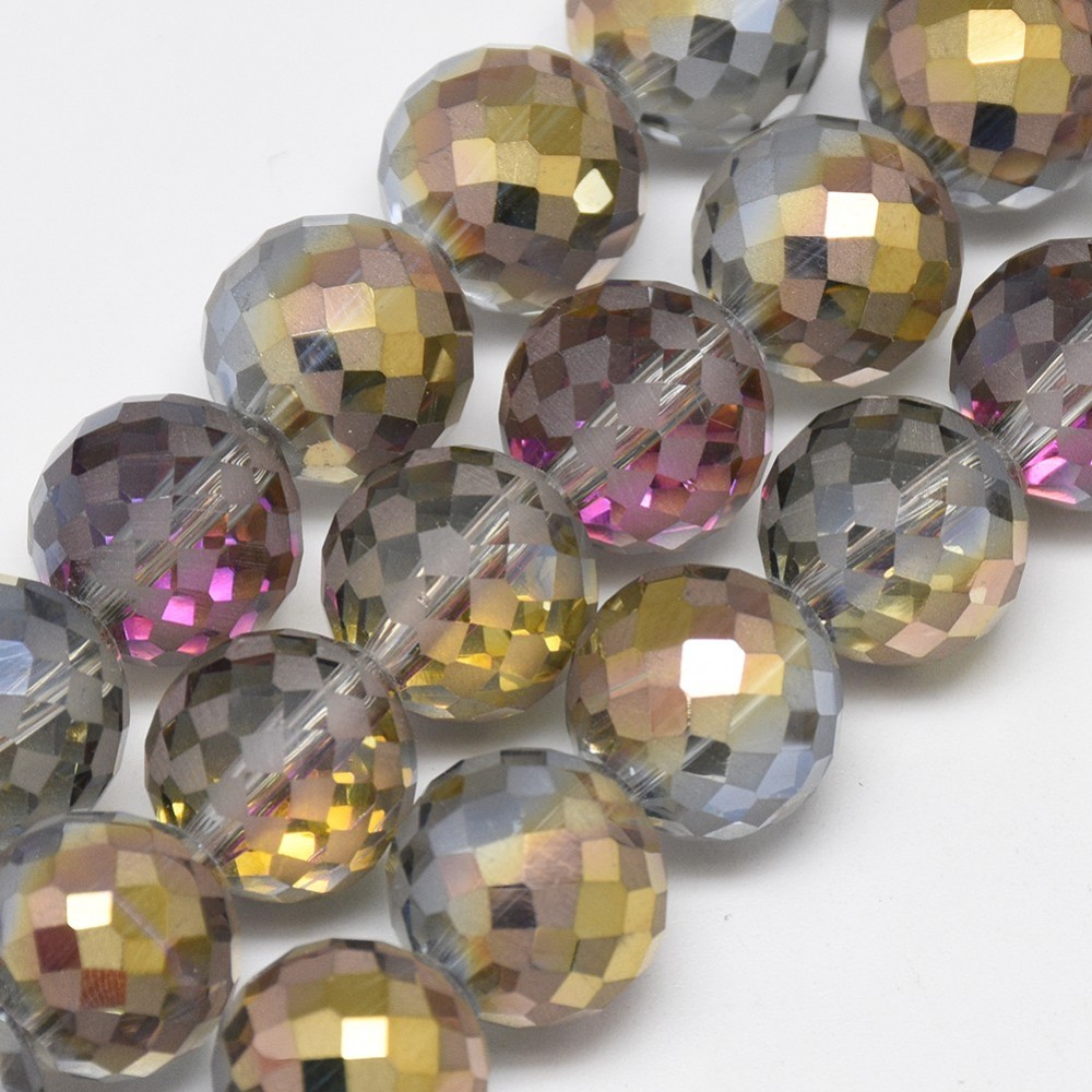 PandaHall Electroplate Glass Beads Strands, Rainbow Plated, Frosted, Faceted, Round, Gray, 12mm, Hole: 1.5mm; about 50pcs/strand, 22.05"...
