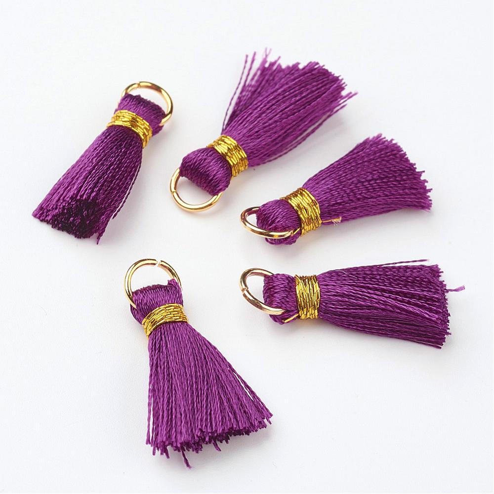 PandaHall Nylon Tassel Pendant Decoration, with Brass Findings, Golden, Purple, 23~27x5mm, Hole: 4mm Nylon Purple