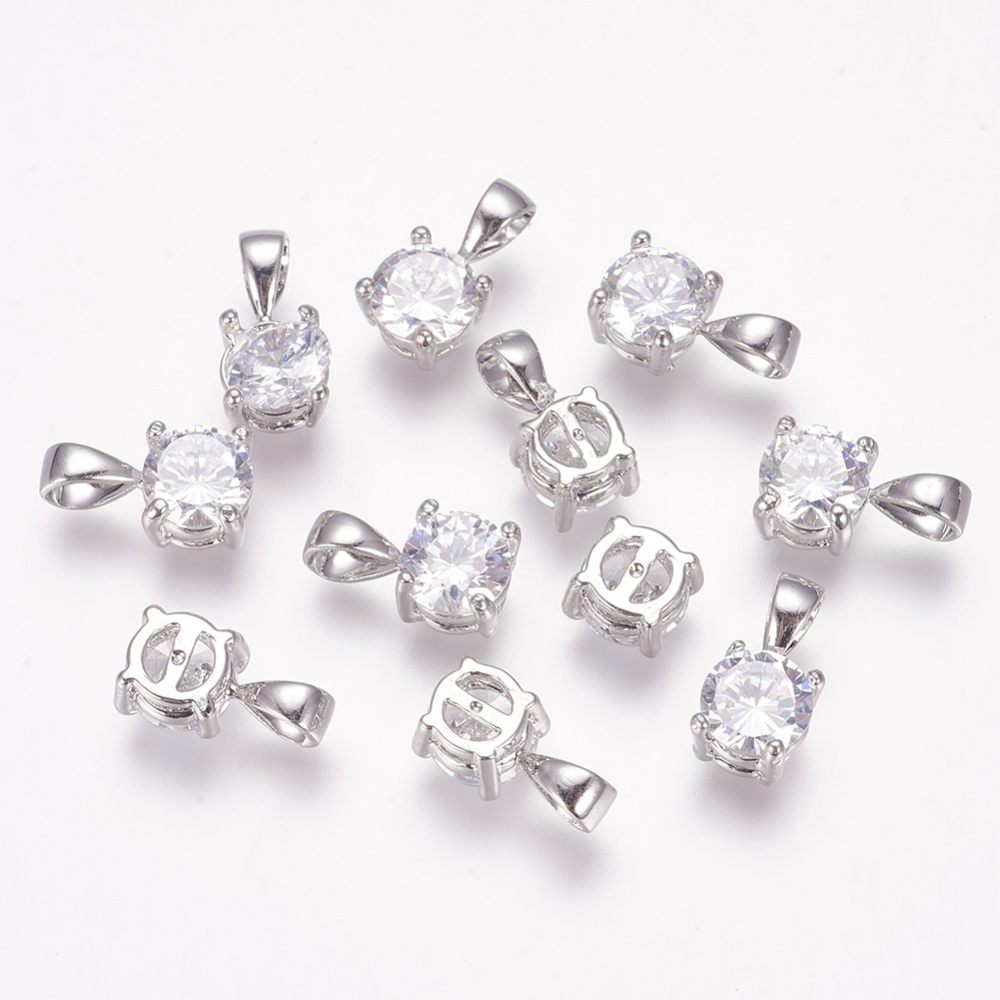 PandaHall Brass Cubic Zirconia Charms, Real Platinum Plated, 11x6x5mm, Hole: 3x5mm Brass+Cubic Zirconia Flat Round