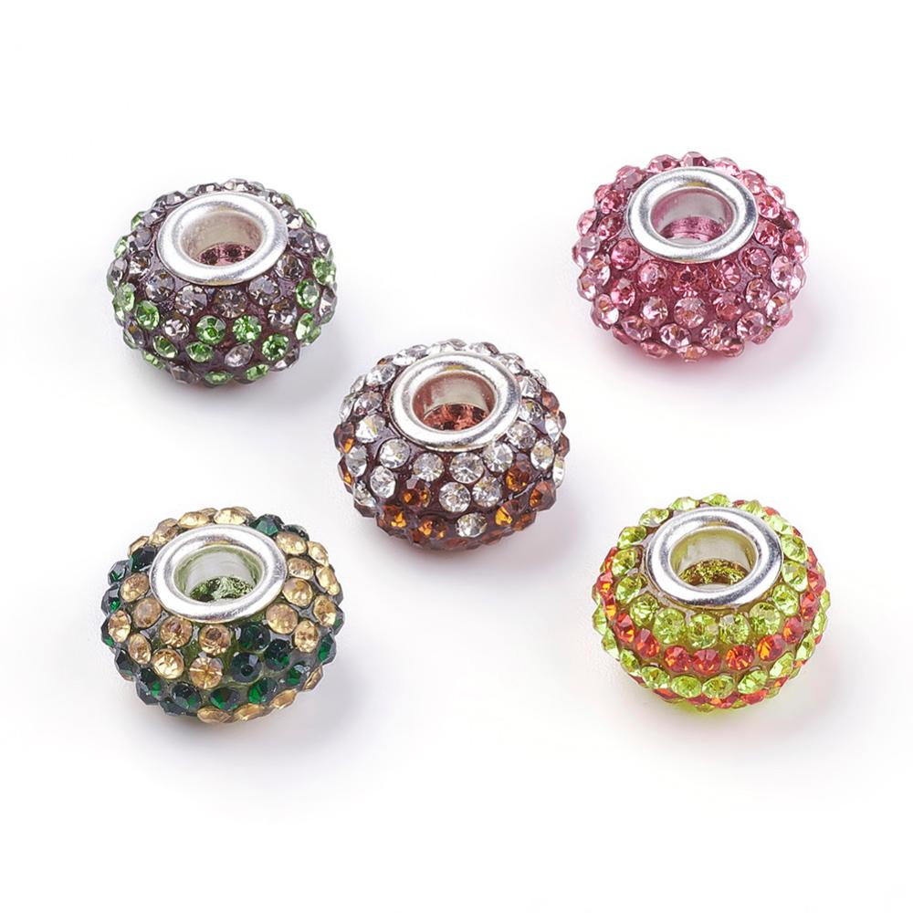 PandaHall Resin Rhinestone European Beads, Grade A, with Brass Double Cores, Silver Metal Color, Rondelle, Mixed Color, 15x9mm, Hole: 5mm...