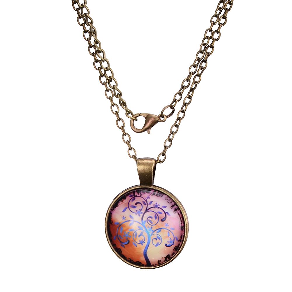 PandaHall Tree Of Life Pattern Flat Round Glass Pendant Necklaces, with Alloy Chains, Antique Bronze, 18" Alloy