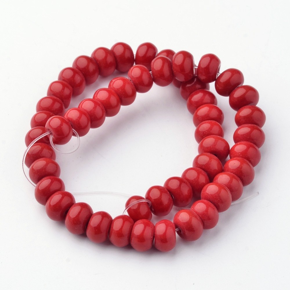 PandaHall Opaque Glass Bead Strands, Rondelle, Dyed, Crimson, 8x5mm, Hole: 1mm; about 49pcs/strand, 10" Glass Rondelle Pink