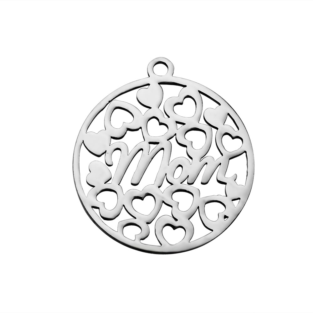 PandaHall 304 Stainless Steel Peandants, Flat Round with Word Mom, Stainless Steel Color, 22x20x1.1mm, Hole: 1.5mm Stainless Steel Flat...