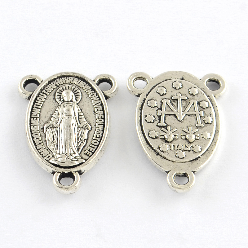 PandaHall Tibetan Style Alloy Chandelier Components, Oval with Virgin and Word, Lead Free & Cadmium Free, Antique Silver, 20x14x3mm, Hole...