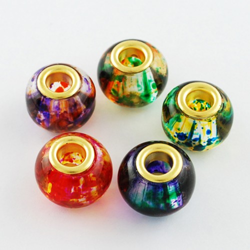 PandaHall Mixed Large Hole Rondelle Spray Painted Glass European Beads, with Golden Plated Brass Double Cores, 15x12mm, Hole: 5mm...