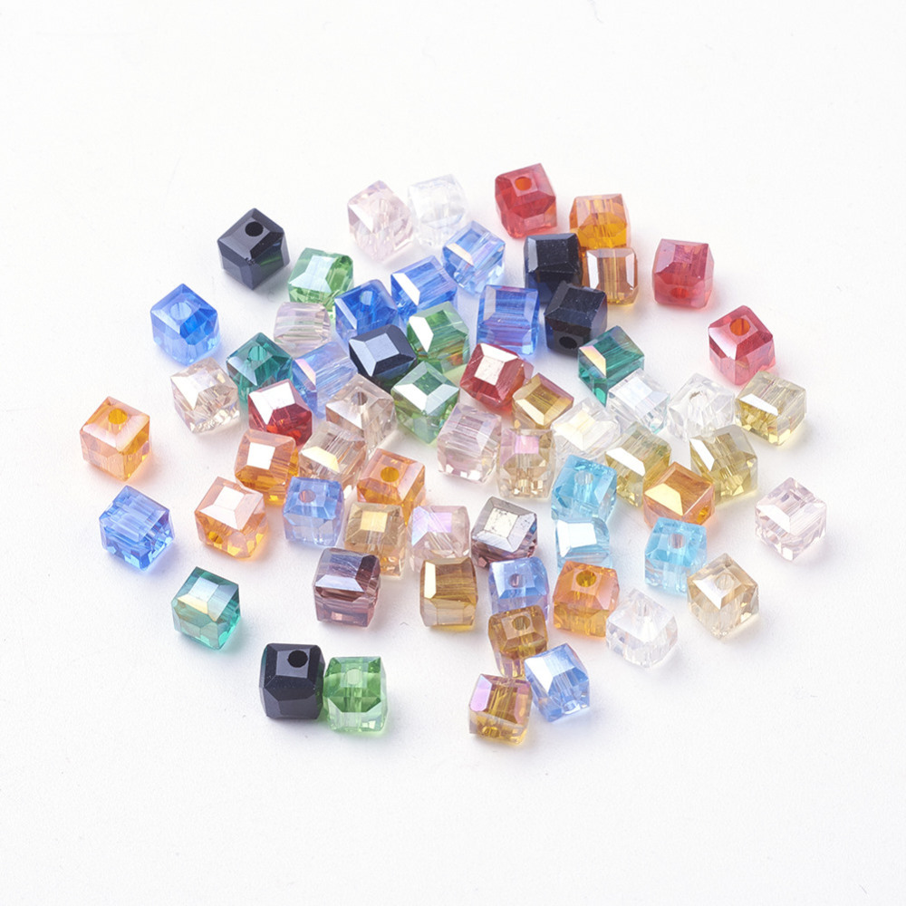 PandaHall Electroplate Glass Beads Strands, AB Color Plated, Faceted, Cube, Mixed Color, 4x4x4mm, Hole: 1mm Glass Cube Multicolor