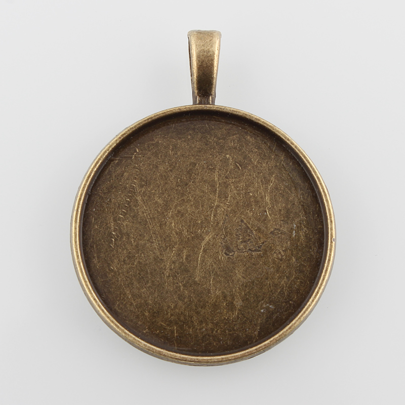 PandaHall Flat Round Alloy Pendant Cabochon Settings, Nickel Free, Antique Bronze, Tray: 30mm; 42x33x2mm, Hole: 3.5x5mm; about 190pcs/kg...