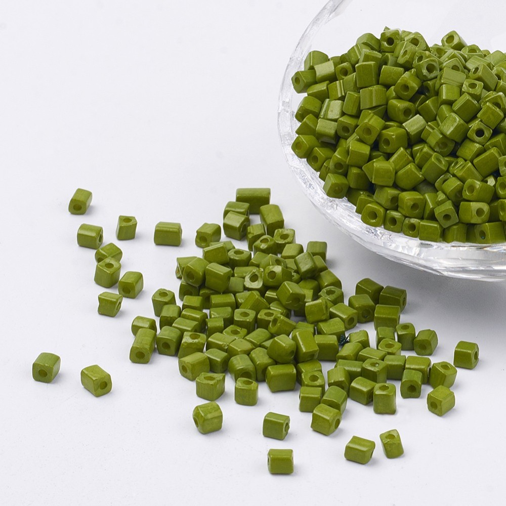 PandaHall Cube Opaque Colours Glass Seed Beads, Round Hole, OliveDrab, 3~7x3x3mm, Hole: 0.5mm; about 500pcs/50g Glass Cube Green