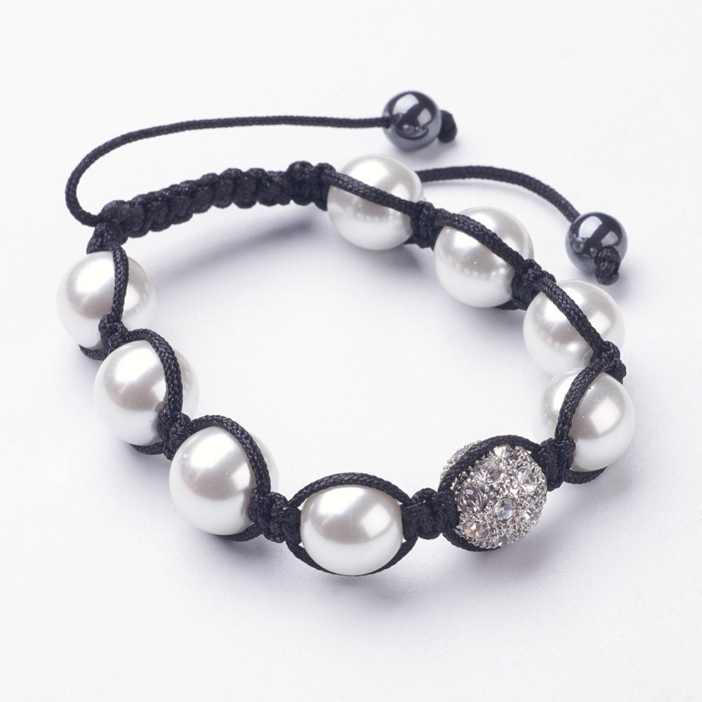 PandaHall Fashion Bracelets, with Rhinestone Beads, Glass Pearl Beads and Hematite Beads, White, 55mm Glass White