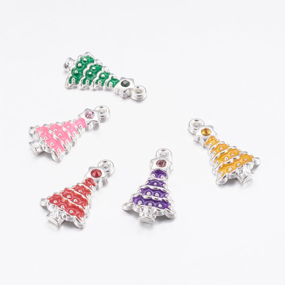 PandaHall Alloy Enamel Pendants, with Rhinestones, Christmas Tree, Mixed Color, Silver Color, about 21mm long, 12mm wide, 4mm thick, hole...