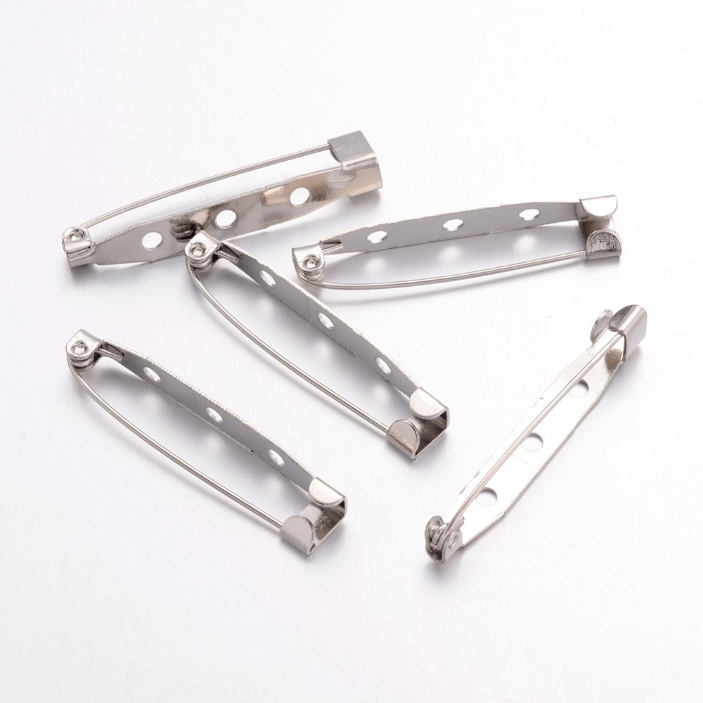 PandaHall Iron Brooch Findings, Back Bar Pins, with Three Holes, Platinum, 38x6mm, Pin: 1mm, Hole: 2mm Iron